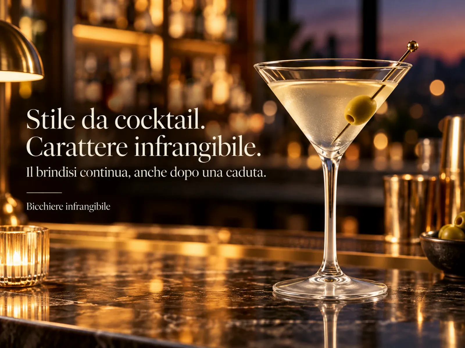 Brevetti WAF — coppa Martini infrangibile al bancone del bar. «Stile da cocktail. Carattere infrangibile. Il brindisi continua, anche dopo una caduta.»