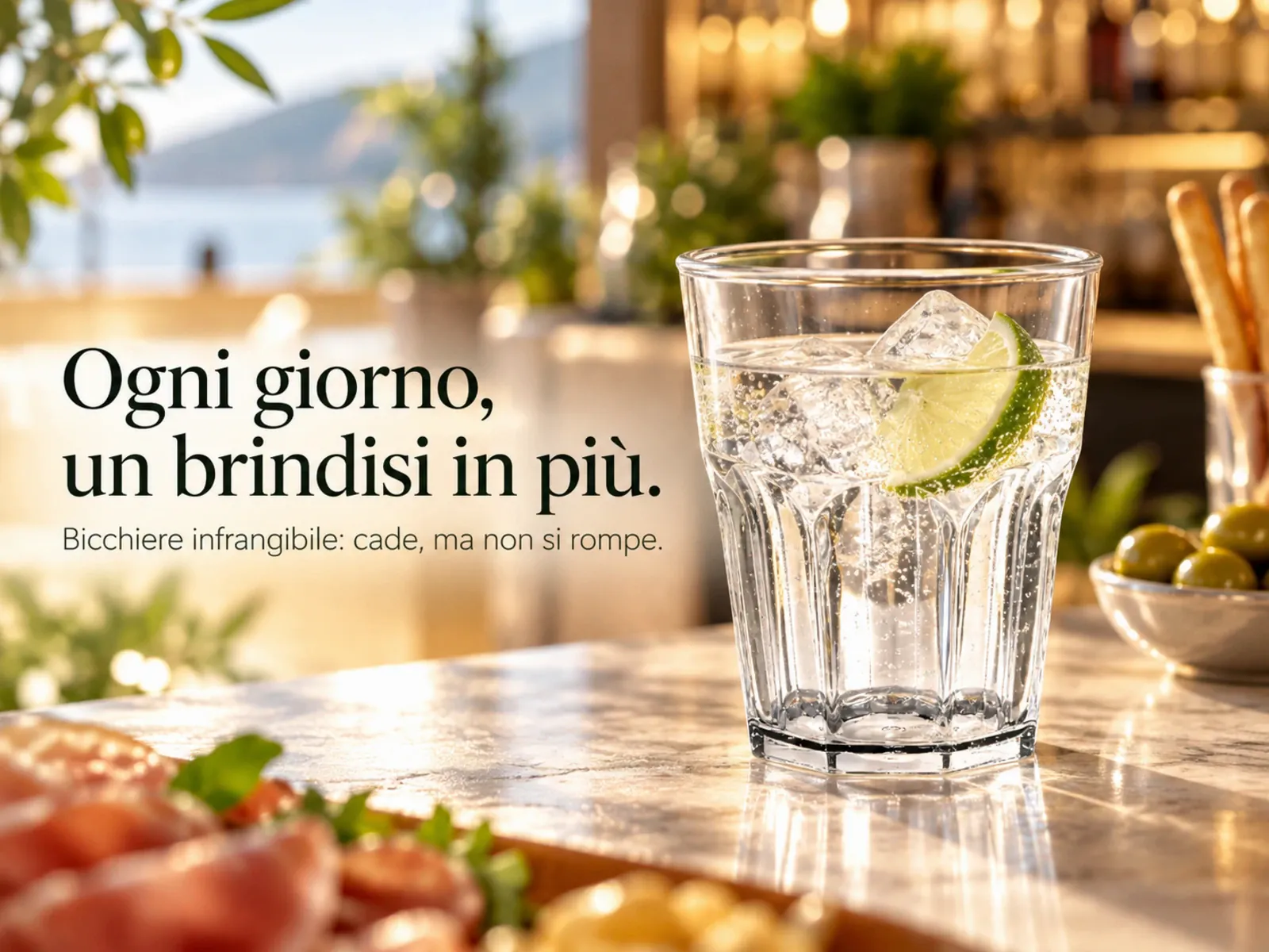 Brevetti WAF — bicchiere tumbler infrangibile con gin tonic. «Ogni giorno, un brindisi in più. Bicchiere infrangibile: cade, ma non si rompe.»