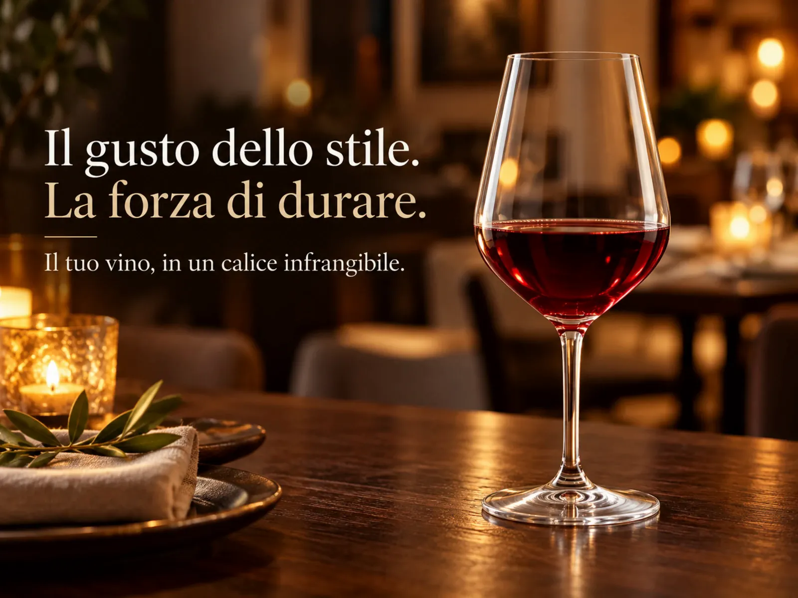 Brevetti WAF — calice da vino rosso infrangibile in ristorante. «Il gusto dello stile. La forza di durare. Il tuo vino, in un calice infrangibile.»