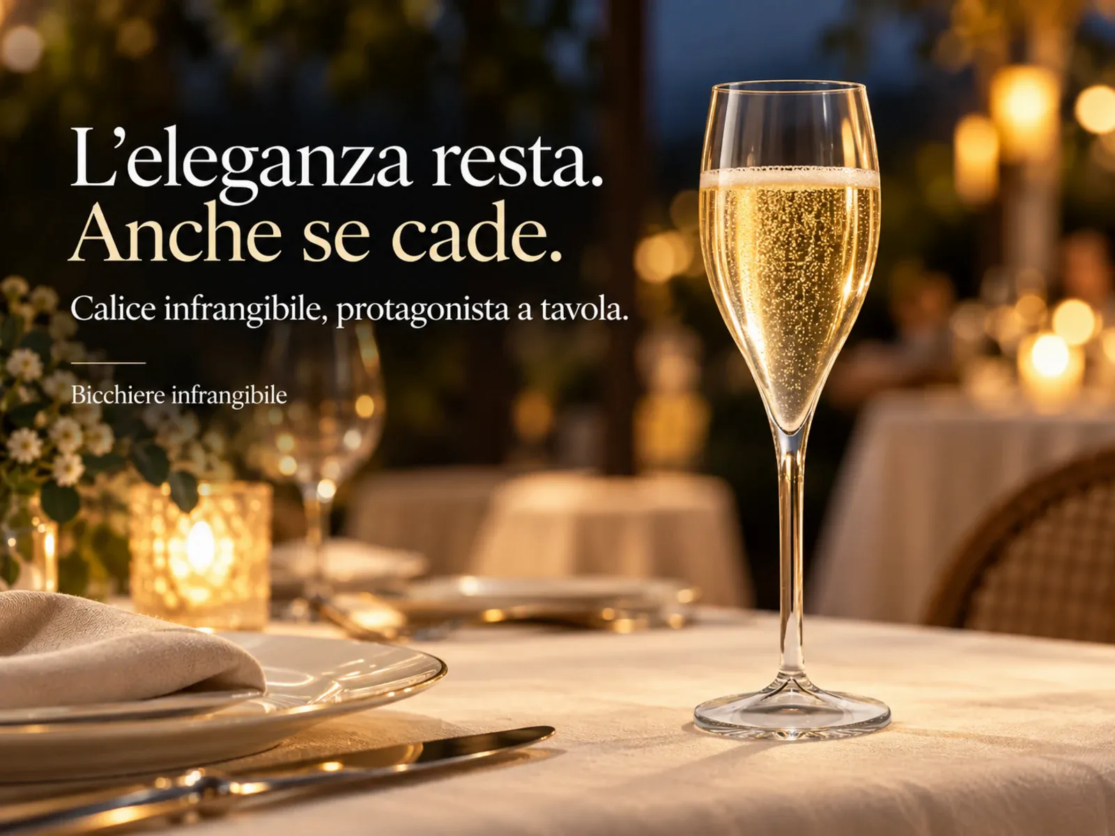 Brevetti WAF — flûte infrangibile con spumante su tavola apparecchiata. «L'eleganza resta. Anche se cade. Calice infrangibile, protagonista a tavola.»